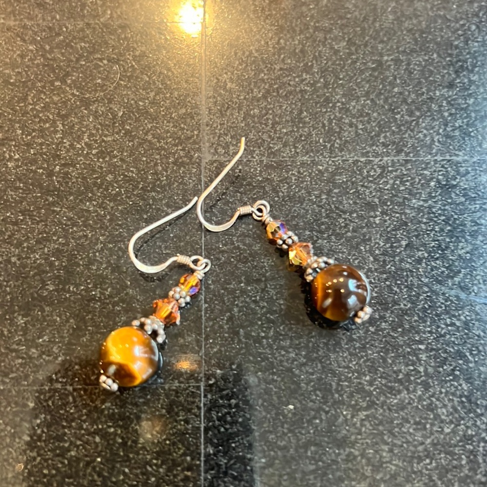 Tiger's Eye Earrings, Small Circular Quartz Gemstones in Sterling Silver